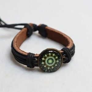 Mandala Artistic Black Leather Green Yellow Art Work Unisex Bracelet